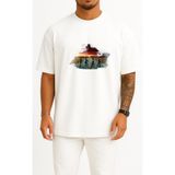 Bahriyeli Collection Oversize Four Children Riding Bicycle Göğüs Baskılı Unisex T-Shirt - Beyaz