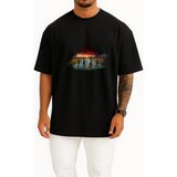 Bahriyeli Collection Oversize Four Children Riding Bicycle Göğüs Baskılı Unisex T-Shirt - Siyah - M