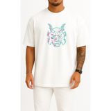 Bahriyeli Collection Oversize Glitch Samuray Maskesi Neon– Techwear Göğüs Tasarımlı Unisex T-Shirt - Beyaz - XL