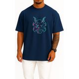 Bahriyeli Collection Oversize Glitch Samuray Maskesi Neon– Techwear Göğüs Tasarımlı Unisex T-Shirt - Lacivert - XL