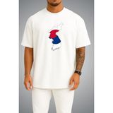 Bahriyeli Collection Oversize Güney Kore Bayrağı ve Haritası Göğüs Baskılı Unisex T-Shirt - Beyaz - XL