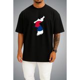 Bahriyeli Collection Oversize Güney Kore Bayrağı ve Haritası Göğüs Baskılı Unisex T-Shirt - Siyah - M