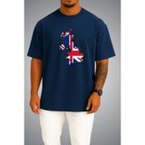Bahriyeli Collection Oversize Ingiltere Bayrağı ve Haritası Göğüs Baskılı Unisex T-Shirt - Lacivert - M
