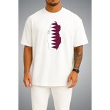 Bahriyeli Collection Oversize Katar Bayrağı ve Haritası Göğüs Baskılı Unisex T-Shirt - Beyaz - M