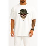 Bahriyeli Collection Oversize Kuru Kafa Asker ve Kamuflaj Şapka Göğüs Tasarımlı Unisex T-Shirt - Beyaz