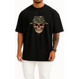 Bahriyeli Collection Oversize Kuru Kafa Asker ve Kamuflaj Şapka Göğüs Tasarımlı Unisex T-Shirt - Siyah