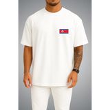 Bahriyeli Collection Oversize Kuzey Kore Bayrağı Cep Baskılı Unisex T-Shirt - Beyaz - M