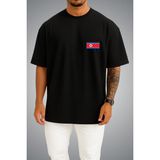 Bahriyeli Collection Oversize Kuzey Kore Bayrağı Cep Baskılı Unisex T-Shirt - Siyah - M
