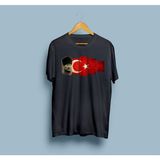 Bahriyeli Collection Oversize Mustafa Kemal Atatürk ve Türk Bayrağı Tasarım Unisex T-Shirt - XL - Siyah