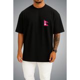 Bahriyeli Collection Oversize Nepal Bayrağı Cep Baskılı Unisex T-Shirt - Siyah