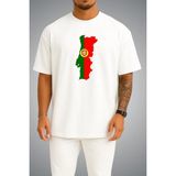 Bahriyeli Collection Oversize Portekiz Bayrağı ve Haritası Göğüs Baskılı Unisex T-Shirt - Beyaz - XL
