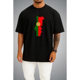 Bahriyeli Collection Oversize Portekiz Bayrağı ve Haritası Göğüs Baskılı Unisex T-Shirt - Siyah - M