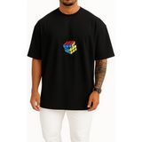 Bahriyeli Collection Oversize Rübik Küp Göğüs Baskılı Unisex T-Shirt - Siyah - M