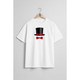 Bahriyeli Collection Oversize Sihirbaz Şapkası ve Papyon Göğüs Tasarımlı Unisex T-Shirt - Beyaz