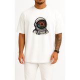 Bahriyeli Collection Oversize Stronot Çiçek Kask – Space Bloom Göğüs Tasarımlı Unisex T-Shirt - Beyaz - XL