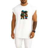 Bahriyeli Collection Oversize Teddy Bear Gözlüklü 2 Ayı Göğüs Baskılı Atlet - Beyaz - M
