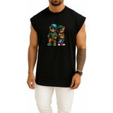 Bahriyeli Collection Oversize Teddy Bear Gözlüklü 2 Ayı Göğüs Baskılı Atlet - Siyah - M