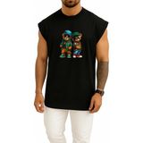 Bahriyeli Collection Oversize Teddy Bear Gözlüklü 2 Ayı Göğüs Baskılı Atlet - Siyah - XL