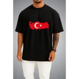 Bahriyeli Collection Oversize Türk Bayrağı ve Haritası Göğüs Baskılı Unisex T-Shirt - Siyah - M