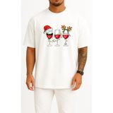 Bahriyeli Collection Oversize Yılbaşı Wine ve Şapka Göğüs Tasarımlı Unisex T-Shirt - Beyaz