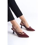 Bak Store Cherry Red Bordo Rugan Gold Tokalı Kadın Topuklu Ayakkabı Stiletto Sivri Burun