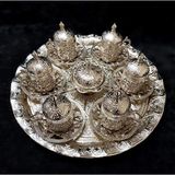 Bakır Center 6 Kişilik Gümüş - Bakır Osmanlı Desenli Türk Kahvesi Fincan Takımı - Tepsi Lokumluk Fincan Seti - Gümüş - Renkli