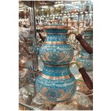 Bakır Center Bakır Çaydanlık El Işlemesi Çiçek Desenli Turkuaz Renk Işlemeli Büyük Aile Boy Bakır Demlik