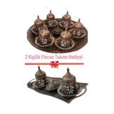 Bakır Center Bakır Fincan Takımı 6 Kişilik + 2 Kişilik - Bakır Osmanlı Desenli Türk Kahvesi Tepsi Lokumluk Set