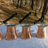 Bakır Cezve Seti, El Yapımı Desenli, Ahşap Saplı, 4'lü Set