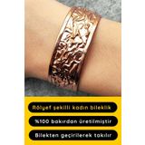 Bakır Renk Rölyef Desen Şekilli Kadın Bileklik El Yapımı Ayarlanabilir Bakır Bileklik