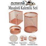 Bakır Yaldız Masaüstü Fileli Kalemlik Seti 3 Parça 1 Paket 3 Lü Masa Üstü Düzenleyici Kalemlik Küp Notluk Ataşlık