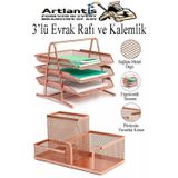 Bakır Yaldız Metal Evrak Rafı 3 Lü Ve Masaüstü Kalemlik 1 Paket Masaüstü A4 Dosya 3 Katlı Düzenleyici Kağıt Tepsi Metal