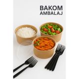 BAKOM AMBALAJ 10'lu 750 CC Organik Kraft Karton Salata Kasesi Kapaklı + 10'lu Lüks Siyah Plastik Çatal Seti