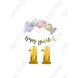 Bal10 Dünyası Happy Bırthday Yazılı Kaligrafi Banner Makaron Balon Seti 11 Yaş Gold Set Doğum Günü