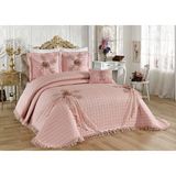 Baladi Home Çeyizlik Yatak Örtüsü ( 4 Parçalı Set ) Fransız Dantelli ve Kapitoneli Yüksek Kalite Goncagül - Pudra - 250 x 260 cm