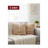 baladı home ev tekstil home collection Lüks 2'li Kadife Kırlent Kılıfı Seti - 40x40 cm Altın Şeritli Dekoratif Yastık Kılıf varaklı