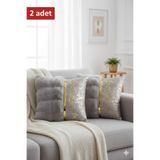 baladı home ev tekstil home collection Lüks 2'li Peluş Kırlent Kılıfı Seti - Altın Varak Detaylı Dekoratif Yastık Kılıfı - 40 x 40cm