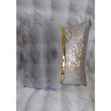 Baladi Home Yastık Kılıfı Peluş ve Kadife Kumaş Altın Deri Aksesuarlı Kadife Görünümlü Kare Kırlent Kılıfı - 40 x 40 cm - Gri