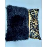 Baladi Home Yastık Kılıfı Peluş ve Kadife Kumaş Altın Deri Aksesuarlı Kadife Görünümlü Kare Kırlent Kılıfı - 40 x 40 cm - Siyah