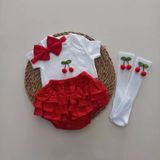Balböceğikids Kız Bebek Kırmızı Ponpon Kiraz Fırfır Şort Etek Bodyli Çorap Takımı