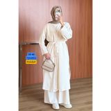 Balenbi Kadın Cupra Pike Uzun Hırka Bluz Geniş Paça Pantolon Abaya Takım Ekru 1217 - Premium Seri