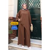 Balenbi Kadın Linda Kumaş Asimetrik Tunik Bol Paça Pantolon Oversize Tesettür Takım 1231 Kahverengi