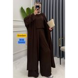 Balenbi Kadın Penye Uzun Hırka Bluz Geniş Paça Pantolon Abaya Takım Kahverengi 1217