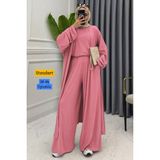 Balenbi Kadın Penye Uzun Hırka Bluz Geniş Paça Pantolon Abaya Takım Pembe 1217