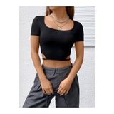 Balerin Yaka Siyah Renk Fitilli Kısa Kollu Slim Fit Crop Top Bluz