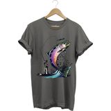 Balık Avı Baskılı Fishing Olta Ile Balık Tutmak Turna Levrek Balığı Regular Fit %100 Pamuk Tişört - Antrasit - XL