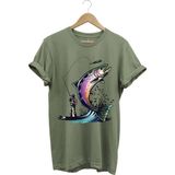 Balık Avı Baskılı Fishing Olta Ile Balık Tutmak Turna Levrek Balığı Regular Fit %100 Pamuk Tişört - Haki