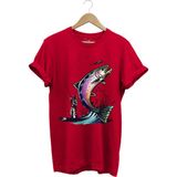 Balık Avı Baskılı Fishing Olta Ile Balık Tutmak Turna Levrek Balığı Regular Fit %100 Pamuk Tişört - Kırmızı - XL