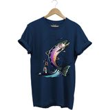 Balık Avı Baskılı Fishing Olta Ile Balık Tutmak Turna Levrek Balığı Regular Fit %100 Pamuk Tişört - Lacivert - 2XL