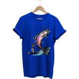 Balık Avı Baskılı Fishing Olta Ile Balık Tutmak Turna Levrek Balığı Regular Fit %100 Pamuk Tişört - Saks Mavi - 2XL